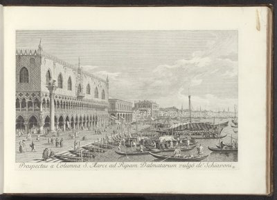 Hoek van het San Marcoplein met het Dogepalis en de zuil met de Leeuw van Venetië Utsikt från Markuspelaren till Dalmatiens strand vulgò de