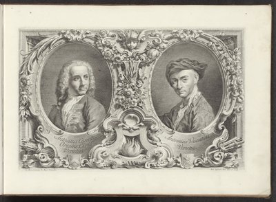 Portretten van artister Canaletto och Antonio Visentini Den mest kända utsikten över staden Venedig, från Antoniuskanalens 38 paneler, tryckta på mässing av Antonio Visentini, uppdelade i tre delar. del ett (serietitel) Gezichten op grote kanalen i Ven av Antonio Visentini