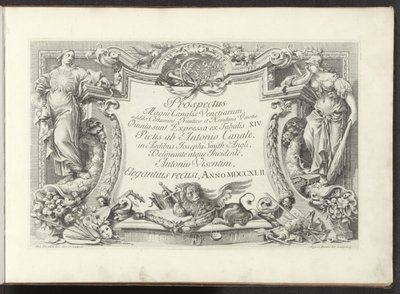 Titeltryck med kartusch med visdom och kraft Utsikt över Canal Grande i Venedig (serietitel) Prospekt Magni Canalis Venetiarum (serietitel på objekt) av Antonio Visentini