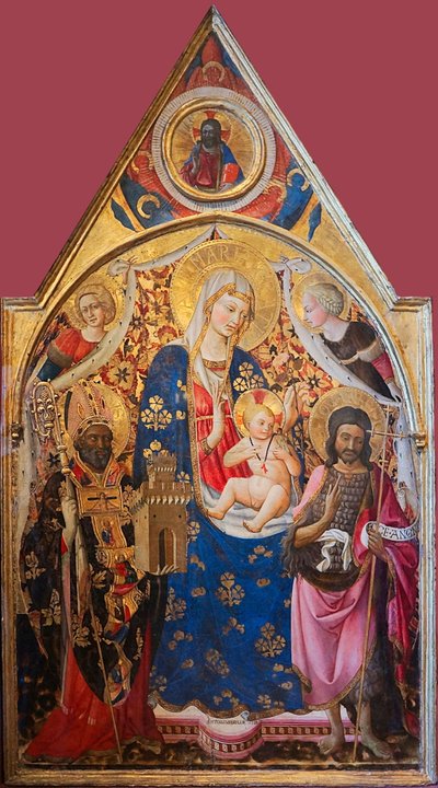 Madonna med barn krönt av helgon


 Alternativ titel(s):   Gonfalon. Den högra sidan: Madonna med barn, biskop, Johannes Döparen och änglar. Övre delen - Kristus välsignelse. Baksidan: Korsfästelsen med Jungfru Maria och Johannes. T av Antonio da Firenze