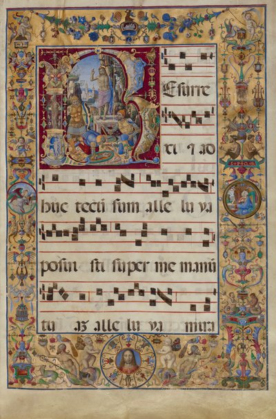 Gradualen. Initial R: The Resurrection, c.1500 (tempera, bladguld och bläck på pergament) av Antonio da Monza