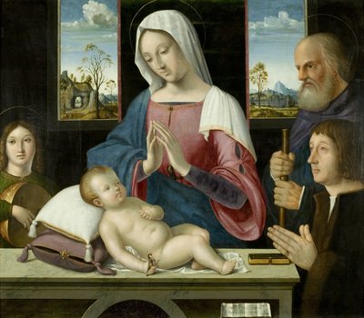 Jungfru och barn med Saint Joseph och donator, mittpanelen i Withypool Triptych av Antonio da Solario
