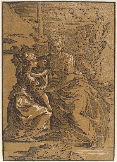 Den heliga familjen med två heliga. av Antonio da Trento