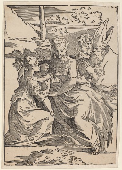 Den heliga familjen med två heliga. av Antonio da Trento