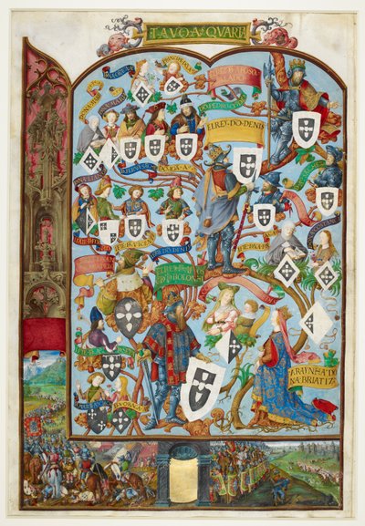 Genealogiskt träd för kungarna av Portugal som visar härkomsten från Sancho Capello och Alfonso III. Nedre marginal: slaget vid Salado 1340 av Antonio de Hollanda