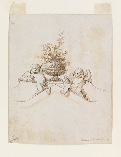 Två Putti bredvid en vas med blommor av Antonio di Dominici