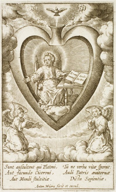 Jesusbarnet sittande i det heliga hjärtat med en öppen bok av Antonius Wierix (II)