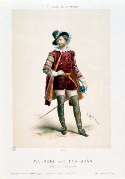Sångaren Jean-Baptiste (Jean Baptiste) Faure (1830-1914) framför Don Giovanni (Don Juan) i operan med samma namn av Wolfgang Amadeus Mozart (1756-1791) under en föreställning på Operateatern i Paris. Litografi av Antony Morlon (1834-1914) Colle av Antony Paul Emile Morlon