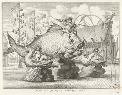 Skådespel med Triton på en gigantisk fisk; Ferdinands intåg i Gent 1635 Pontvs Qvoqve servett illi (titel på objekt) av Antony van der Does