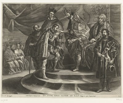 Troonsafsand van Karel V; intocht van Ferdinand te Gent 1635 (blad 25) Charles tog av sig kungariket och imperiet / Du kommer nu att bli andra efter honom / Filip II tar kungariket från sin far (titel på objekt) av Antony van der Does