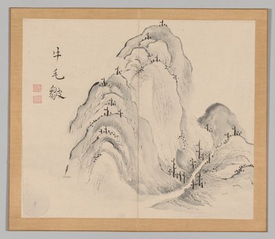 Dubbelalbum av landskapsstudier efter Ikeno Taiga, volym 1 blad 15, 1700-talet. av Aoki Shukuya