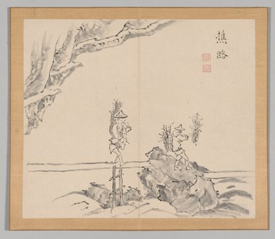 Dubbelalbum av landskapsstudier efter Ikeno Taiga, volym 1 blad 32, 1700-talet. av Aoki Shukuya