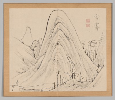 Dubbelalbum av landskapsstudier efter Ikeno Taiga, volym 1 blad 33, 1700-talet. av Aoki Shukuya
