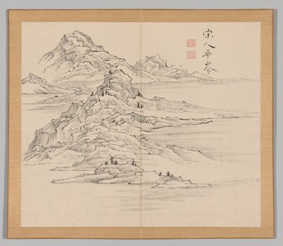 Dubbelalbum av landskapsstudier efter Ikeno Taiga, volym 1 blad 35, 1700-talet. av Aoki Shukuya