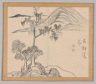 Dubbelalbum av landskapsstudier efter Ikeno Taiga, volym 1 blad 36, 1700-talet. av Aoki Shukuya