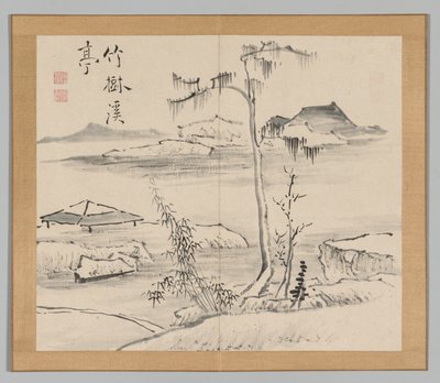 Dubbelalbum av landskapsstudier efter Ikeno Taiga, volym 2 blad 24, 1700-talet. av Aoki Shukuya