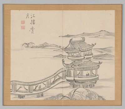 Dubbelalbum av landskapsstudier efter Ikeno Taiga, volym 2 blad 25, 1700-talet. av Aoki Shukuya