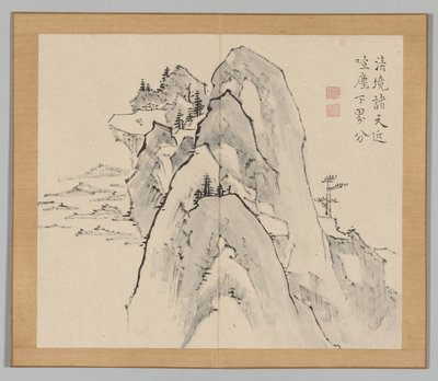 Dubbelalbum av landskapsstudier efter Ikeno Taiga, volym 2 blad 33, 1700-talet. av Aoki Shukuya