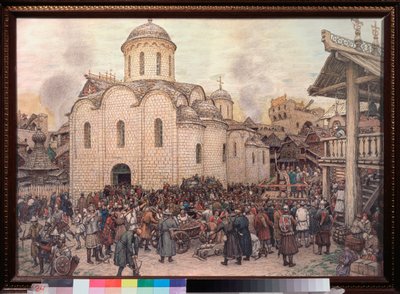 カーン・トクタミッチ（トクタミッチ）（1406年没）によるモスクワ侵攻、1382年（黄金の大群による都市の占領） - Appolinari Mikhaylovich Vasnetsov（1856-1933）作、水彩画、木炭、スウェーデン紙 av Apollinari Mikhailovich Vasnetsov