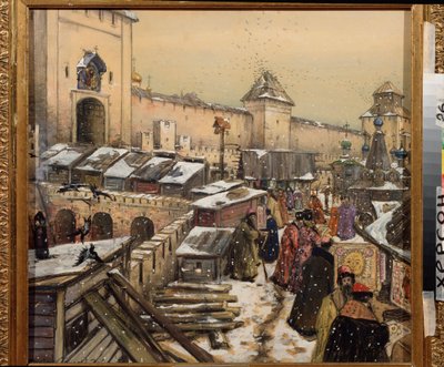 Moskva på 1600-talet, Bokhandlar på Kristus Frälsarens bron (Moskva på 1600-talet, Bokhandlar på Kristus Frälsarens bron) - Verk av Appolinari Mykhaylovich Vasnetsov (1856-1933), akvarell och vitt på kartong av Apollinari Mikhailovich Vasnetsov