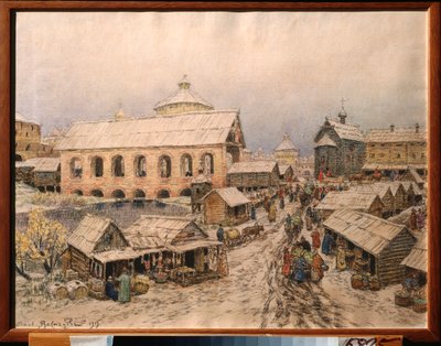 Moskva 1600-talet, Resurrection Bridge - Verk av Appolinari Mikhaylovich Vasnetsov (1856-1933), akvarell och kol på papper av Apollinari Mikhailovich Vasnetsov