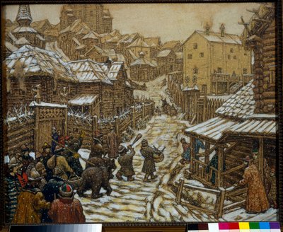 Musiker och björntränare på en gata i Moskva på 1600-talet - Verk av Appolinari Mikhaylovich Vasnetsov (1856-1933) av Apollinari Mikhailovich Vasnetsov