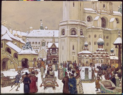 Placera Ivan den store i Kreml på 1600-talet. (Katedraltorget, Moskva). Verk av Appolinari Mikhaylovich Vasnetsov (1856-1933), penna och akvarell på papper av Apollinari Mikhailovich Vasnetsov