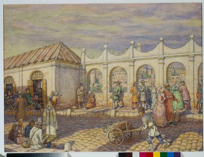Gatubild på stenbron (Alla helgons bro) i Moskva vid tiden för Peter I den store (1672-1725) - Konstverk av Appolinari Mikhaylovich Vasnetsov (1856-1933) av Apollinari Mikhailovich Vasnetsov