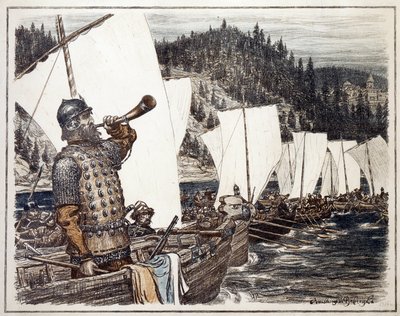 Yermak Timofeyevich (cirka 1540-1585) vid floden Irtysh. (Yermak Timopheyevich på Irtysh). Avsnitt av utforskningen och erövringen av Sibirien, 1583. Verk av Appolinari Mikhaylovich Vasnetsov (1856-1933), litografi 1916. Rysk konst, 20. av Apollinari Mikhailovich Vasnetsov