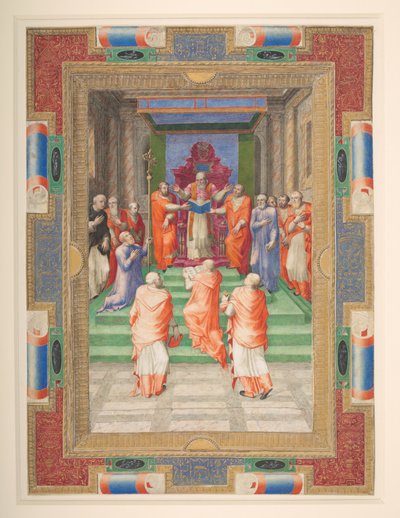 En påvlig ceremoni, Paul IV står framför den påvliga tronen, Add. MS 35254 Q, c.1555-59 (vellum) av Apollonio di Bonfratelli