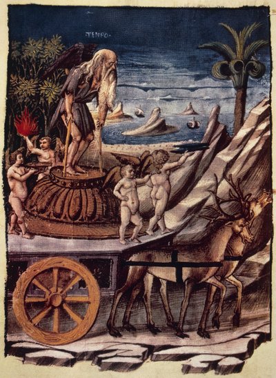 Tidens triumf, tidens vagn som dras av rådjur, miniatyr av Apollonio di Giovanni (1415 eller 1417-ca 1465) från Triumphs, allegorisk dikt av Francesco Petrarca (1304-1374), manuskript 1129, folio 42, verso, Italien av Apollonio di Giovanni di Tommaso