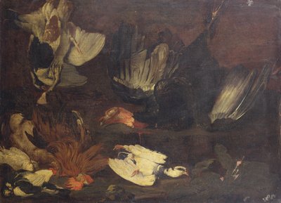 En död kalkon, duvor, en tupp och andra fåglar på en stenig bank (olja på duk) av Arcangelo Resani