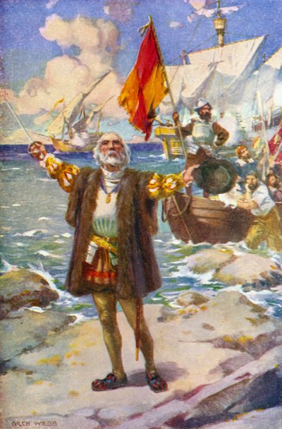 The Landing of Columbus (färg litho) av Archibald Bertram (after) Webb