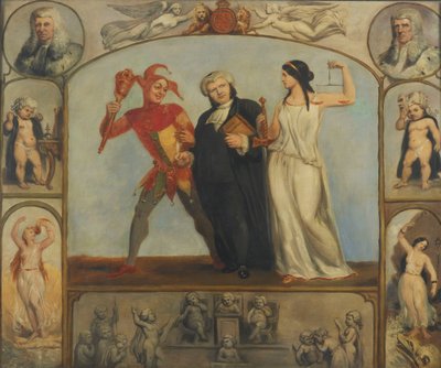 målning; olja på duk - Porträtt av Renton Nicholson med allegoriska scener och figurer av Archibald Henning