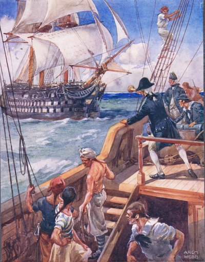 Vår kapten hälsade fransmannen "Ho!", illustration från "Ballads of Famous Fights", ca 1900 av Archibald Webb