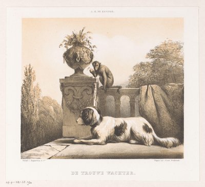 Hund och apa på terrassen The Faithful Watchman (titel på objekt) av Arie Ketting de Koningh