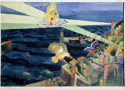 Ett sjöslag. Kanonerna försvarar den befästa kusten och skjuter mot ett slagskepp som går sönder under explosioner. Arbete av Aristarkh Vasilyevich Lentulov (Lentulov) (1882-1943), akvarell på papper av Aristarkh Vasilievic Lentulov