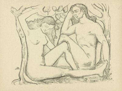 Adam och Eva sitter vid trädet Naken man och kvinna L