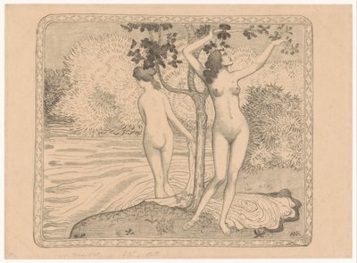 Två kvinnor som badar under ett träd vid vattnet Deux baigneuses nues sous un arbre au bord de l