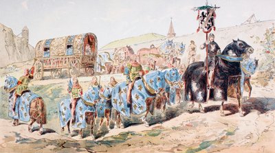 Adelskvinna i hästdragen tränare eskorterad av trumpetare på 1200-talet av Armand Jean Heins