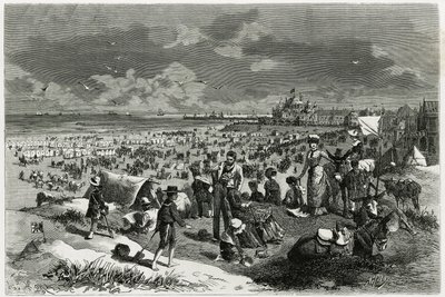 Ostend Beach. Gravyr av A.Heins, för att illustrera berättelsen ""La Belgique"", av Camille Lemonnier (1844-1913), författare och konstkritiker. Publicerad i Tour du monde new journal des voyages av Armand Jean Heins