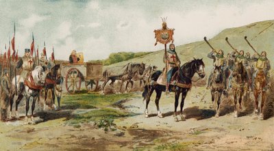 Krigsvagn och lituusblåsare, korstågens tid, 1000-talet av Armand Jean Heins