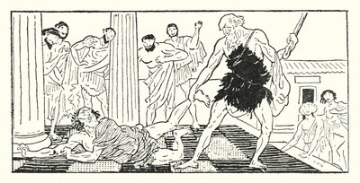 Odysseus drar Irus ut ur salen (litho) av Armand Joseph Bonamy