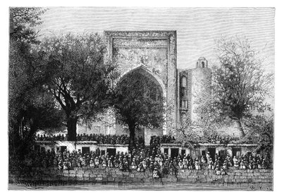En församling inför moskén i Bukhara, Uzbekistan, 1895. av Armand Kohl
