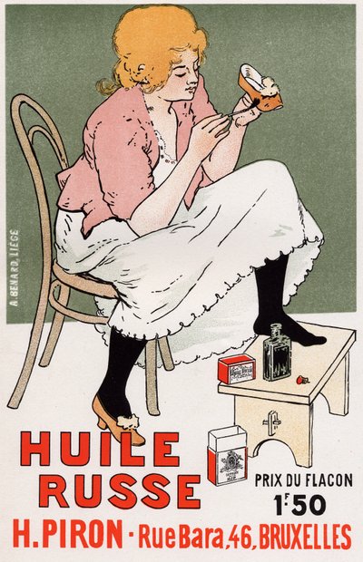 Livsstil. Fashion. Rysk olja, skorreparation. Affisch av Armand Rassenfosse, Belgien, ca 1895 (affisch) av Armand Rassenfosse