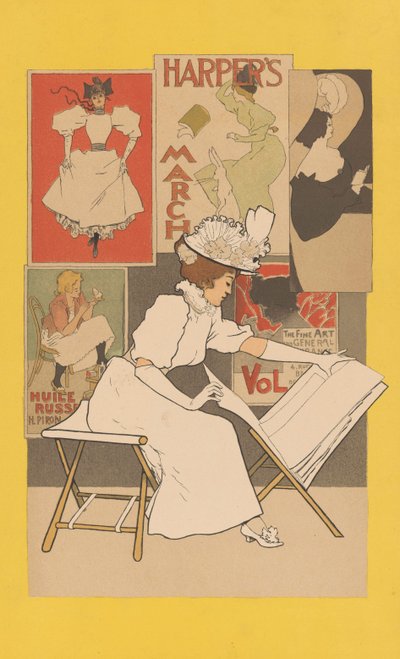 Sittande kvinna vid en monter och tittar på tryck, 1897 av Armand Rassenfosse