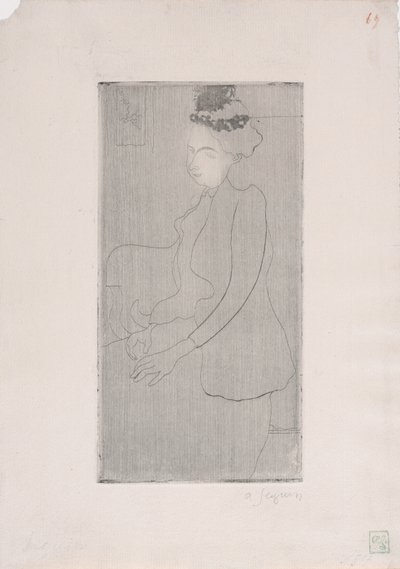Femme assise avec chapeau a plumes (Sittande kvinna med fjäderhatt) c.1893 (etsning) av Armand Séguin