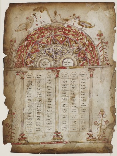 Kanonbord från ett evangelium (ogenomskinlig akvarell, bläck och guld på pergament) av Armenian School