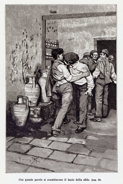 Inbjudan till den sicilianska duellen av den dödliga "kysen", faktiskt ett bett i örat. Illustration av Arnaldo Ferraguti för den nya "" Cavalleria Rusticana "" av Giovanni Verga. 1897 av Arnaldo Ferraguti