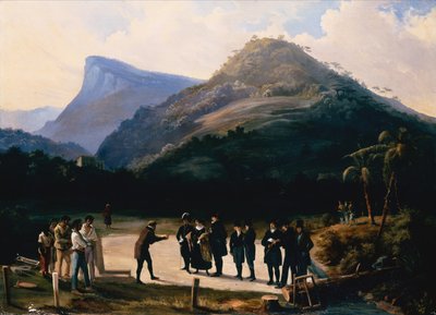 En arkitekt med sina beskyddare som förbereder sig för att lägga grundstenen till en villa nedanför Corcovadoberget (olja på duk) av Arnaud Julien Pallière